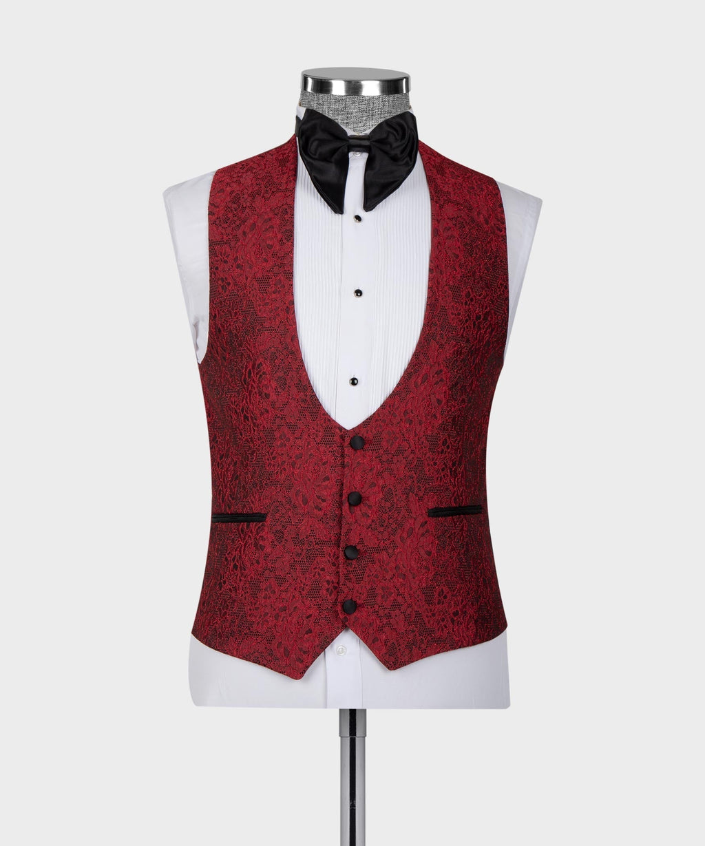 Red tuxedo vest and jacket with black bow tie and satin lapels