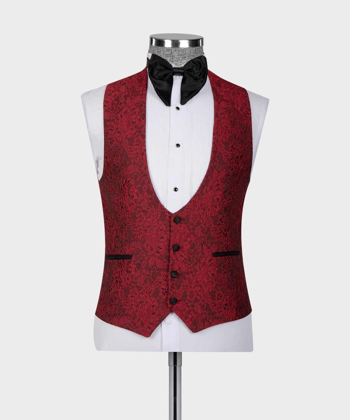 Red tuxedo vest and jacket with black bow tie and satin lapels