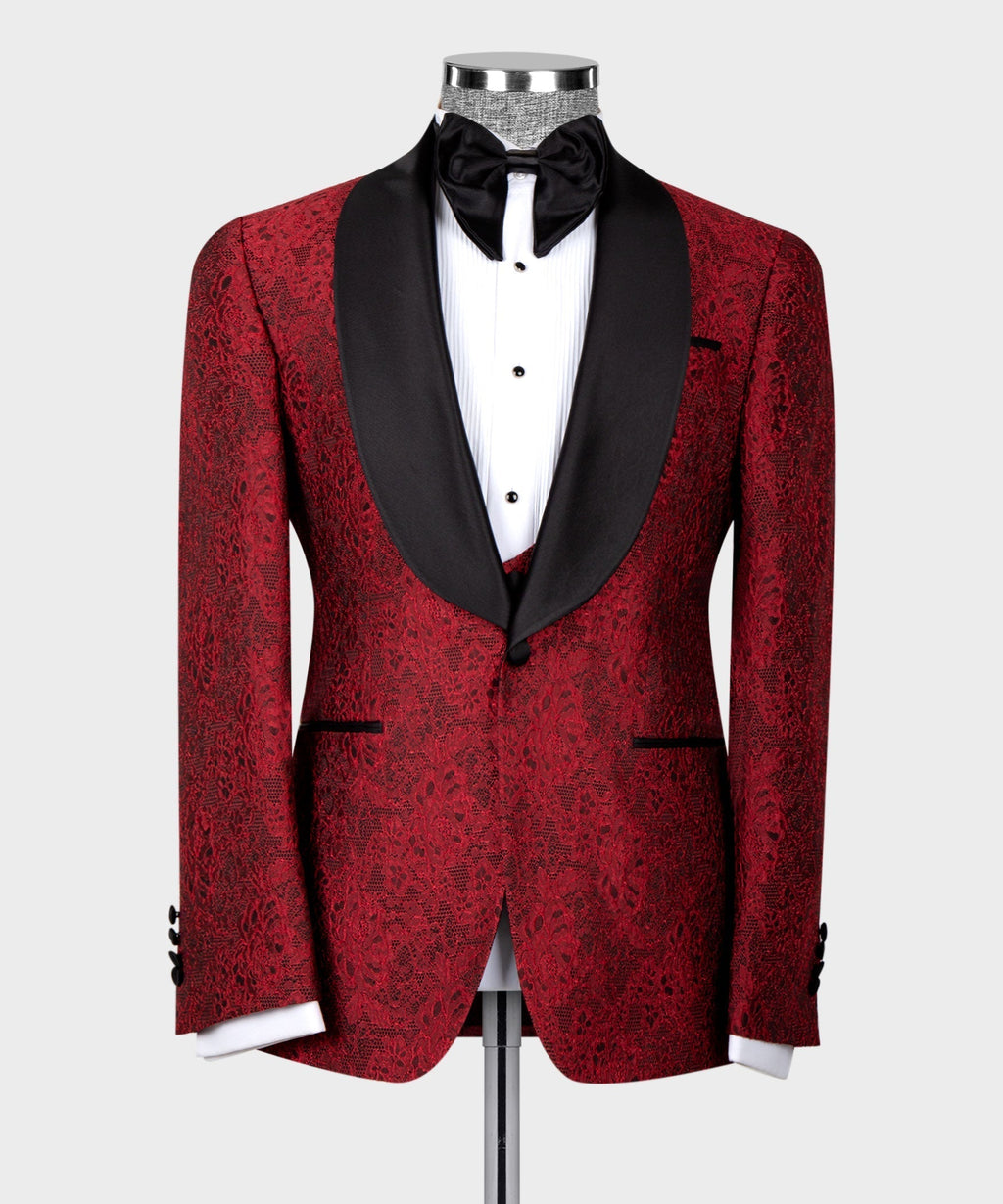 Red tuxedo jacket with black satin-trimmed V neckline and black bow tie