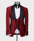 Red jacquard tuxedo jacket with black satin lapels, vest, and black bow tie