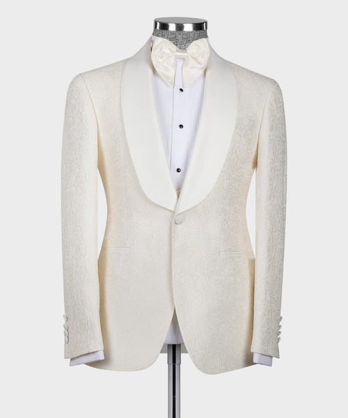 Cream tuxedo jacket front with satin lapels, button vest and bow tie