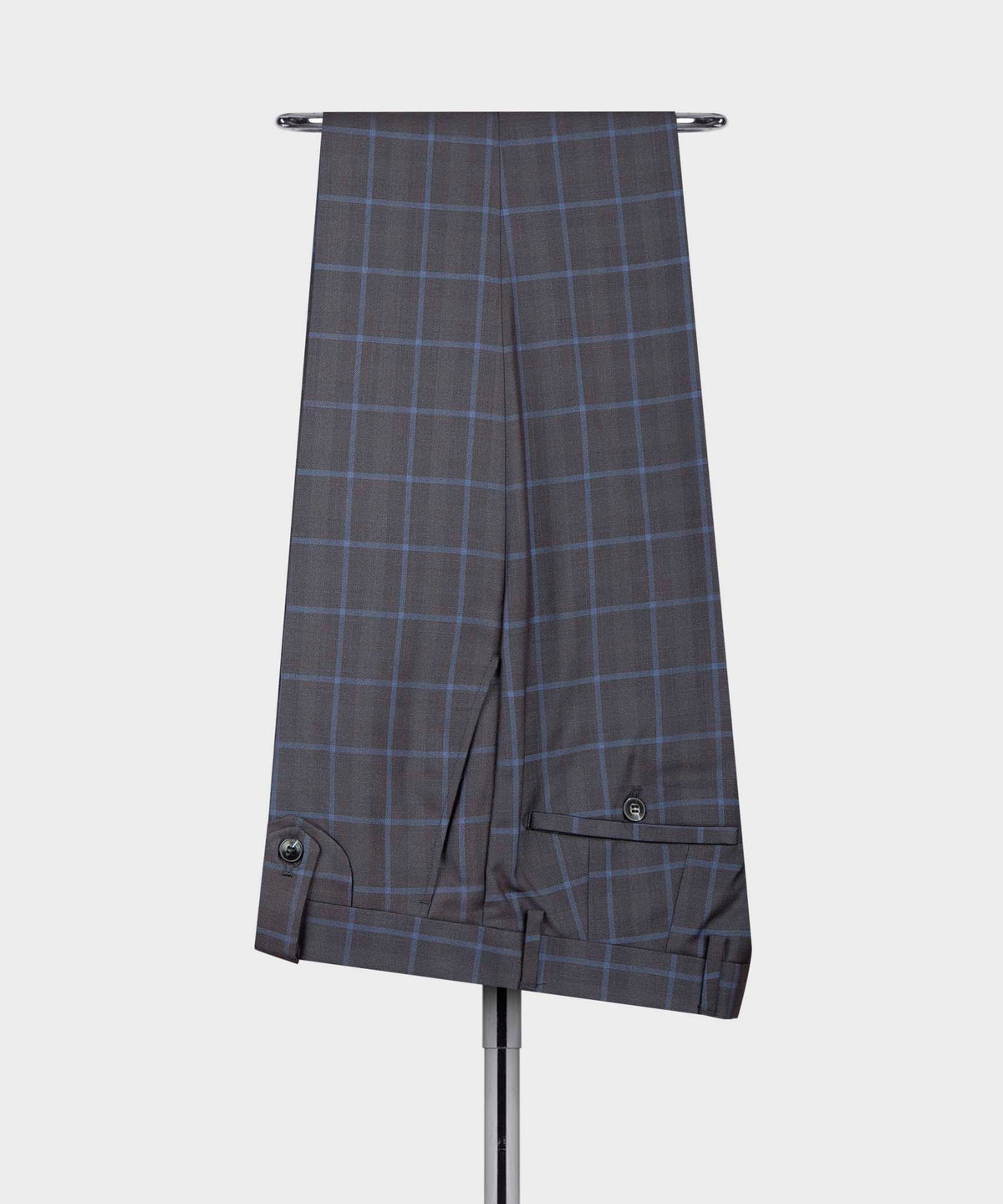 Dark windowpane dress trousers with belt loops and front button closure