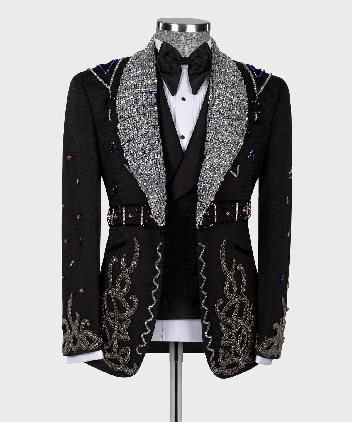 Gem Stone black special tuxedo jacket with silver sequin lapels and bow tie