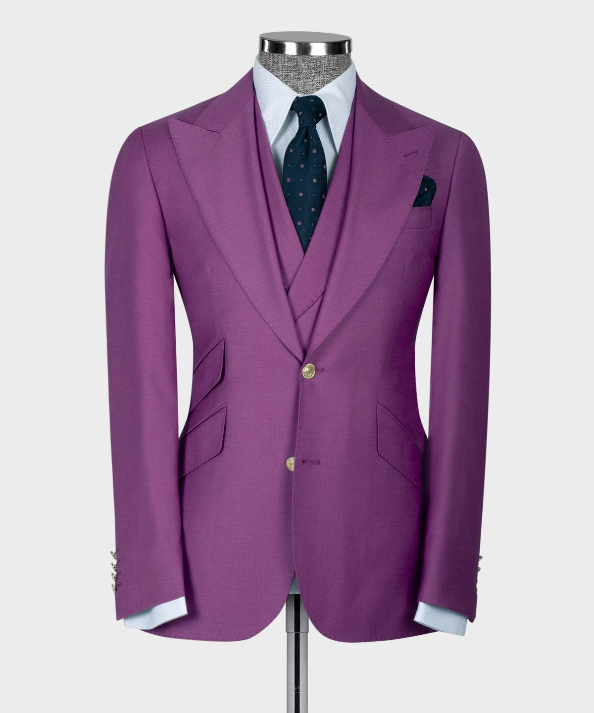 Purple three-piece business suit: jacket with gold buttons, vest, and patterned necktie