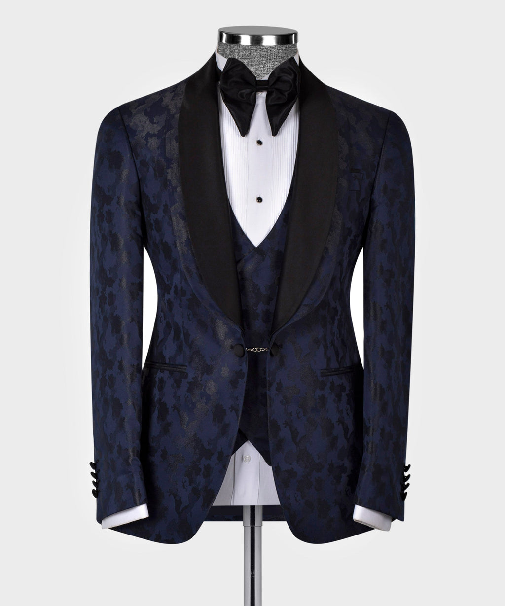 Navy formal tuxedo jacket with black double lapels, bow tie, and buttoned vest