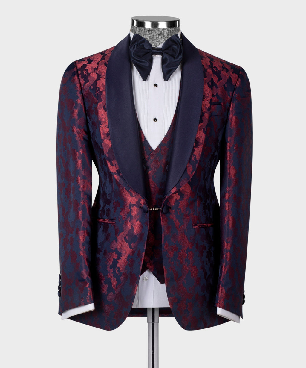 Double-lapel tuxedo front view: dark blue blazer with burgundy allover pattern