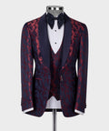 Double-lapel tuxedo jacket with burgundy pattern over dark blue, paired with black bow tie