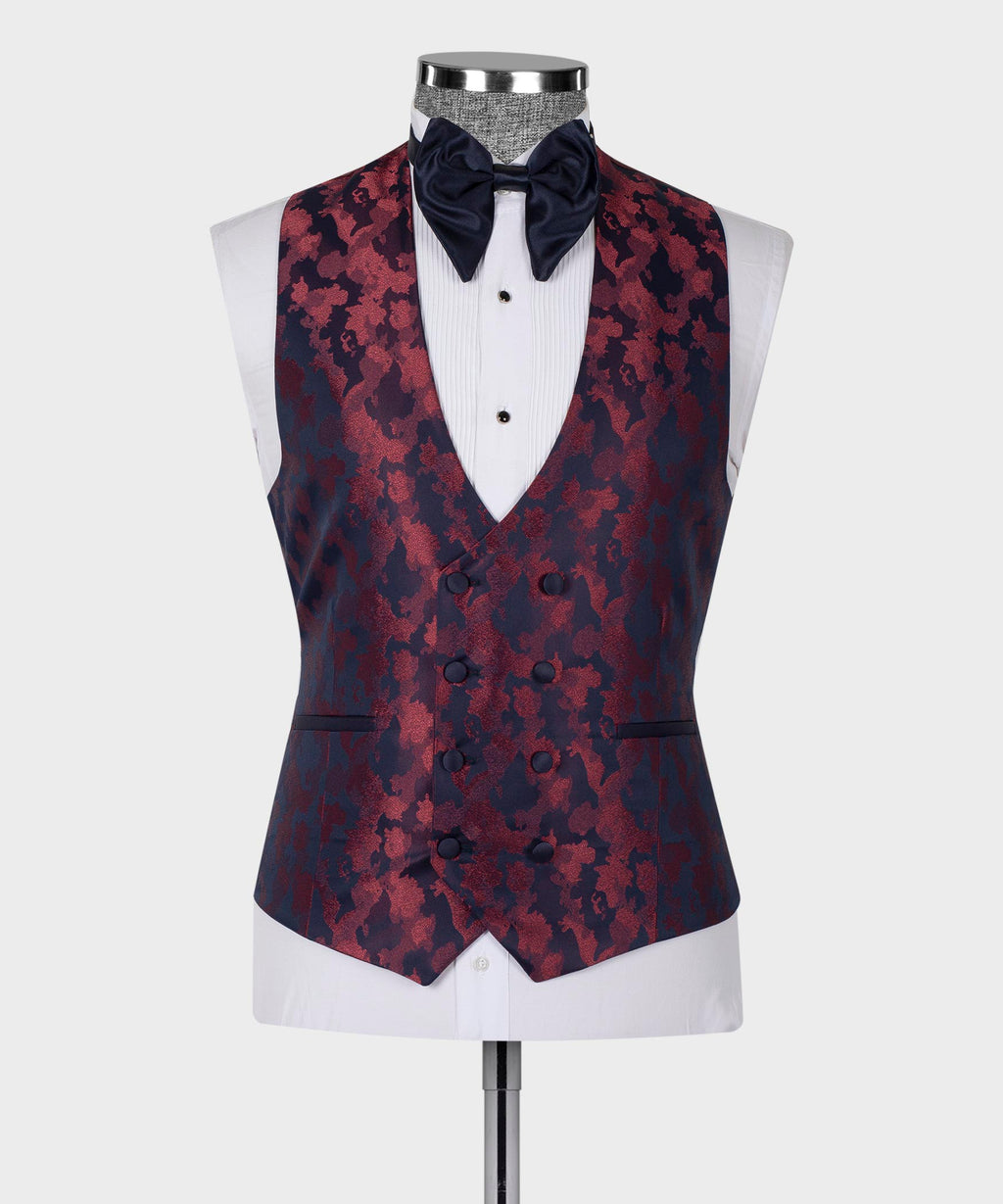 Tuxedo vest and jacket front, burgundy-blue patterned with double-breasted buttons