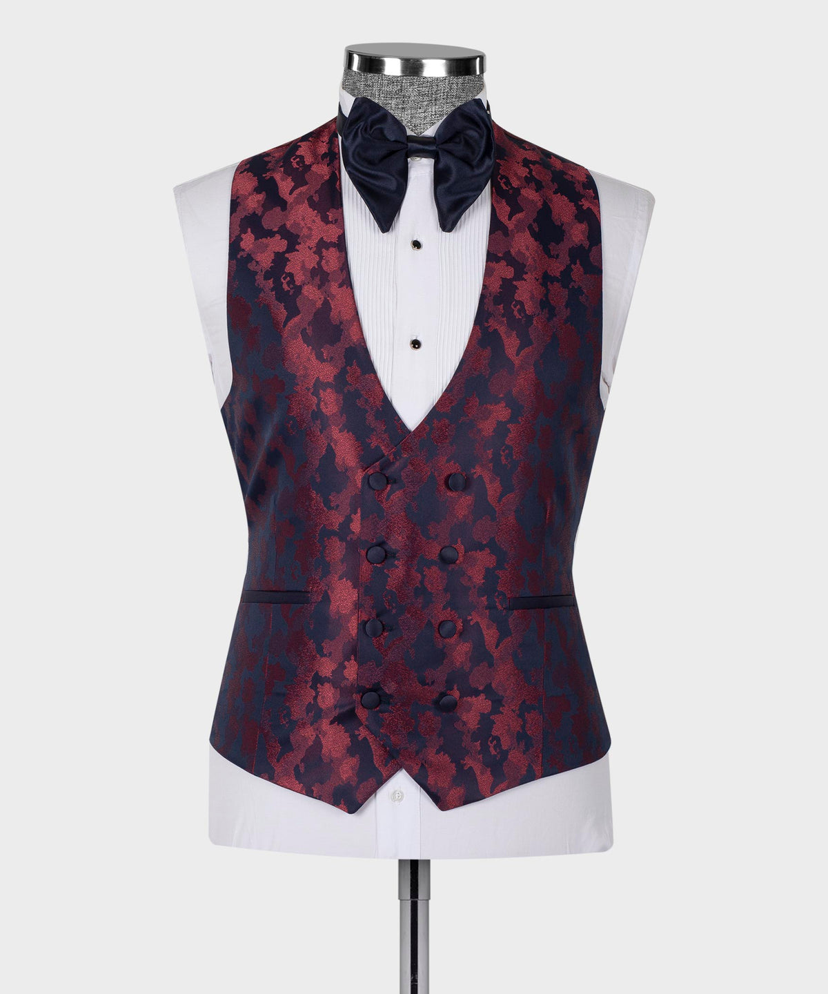 Burgundy-and-dark-blue patterned tuxedo waistcoat with bow tie and white shirt front