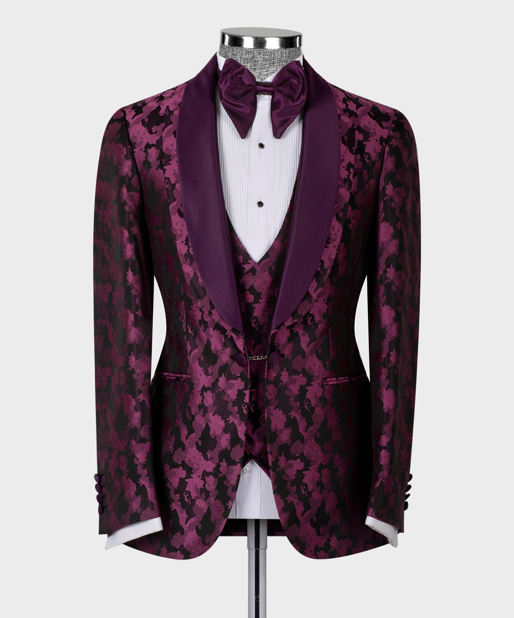 Front view tuxedo set: purple patterned jacket, satin lapels, matching waistcoat, bow tie