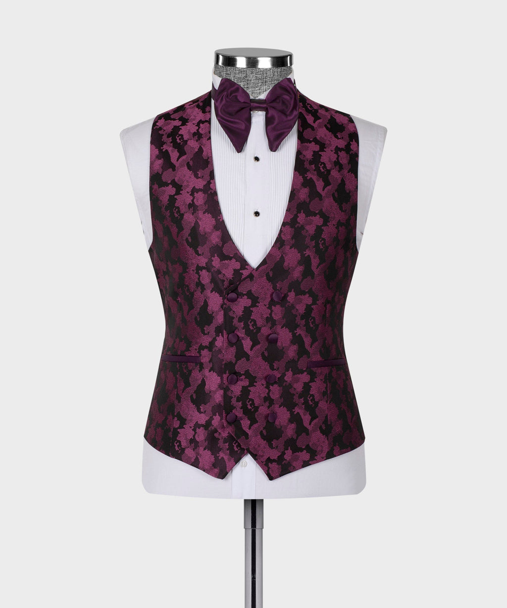Purple patterned waistcoat with bow tie and white shirt front, displayed on mannequin