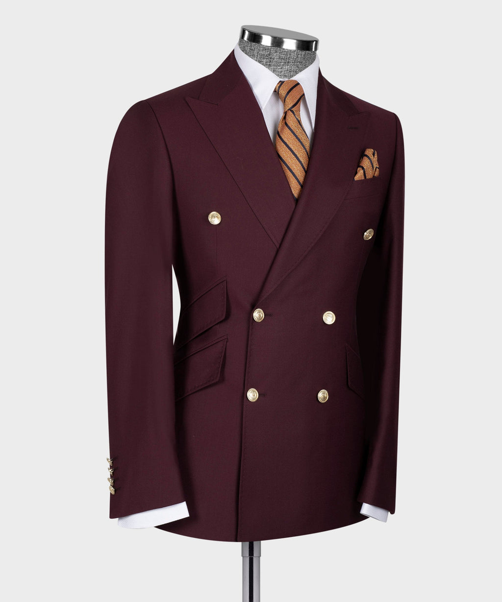 Tailored burgundy double-breasted suit jacket with six gold buttons and chest pocket