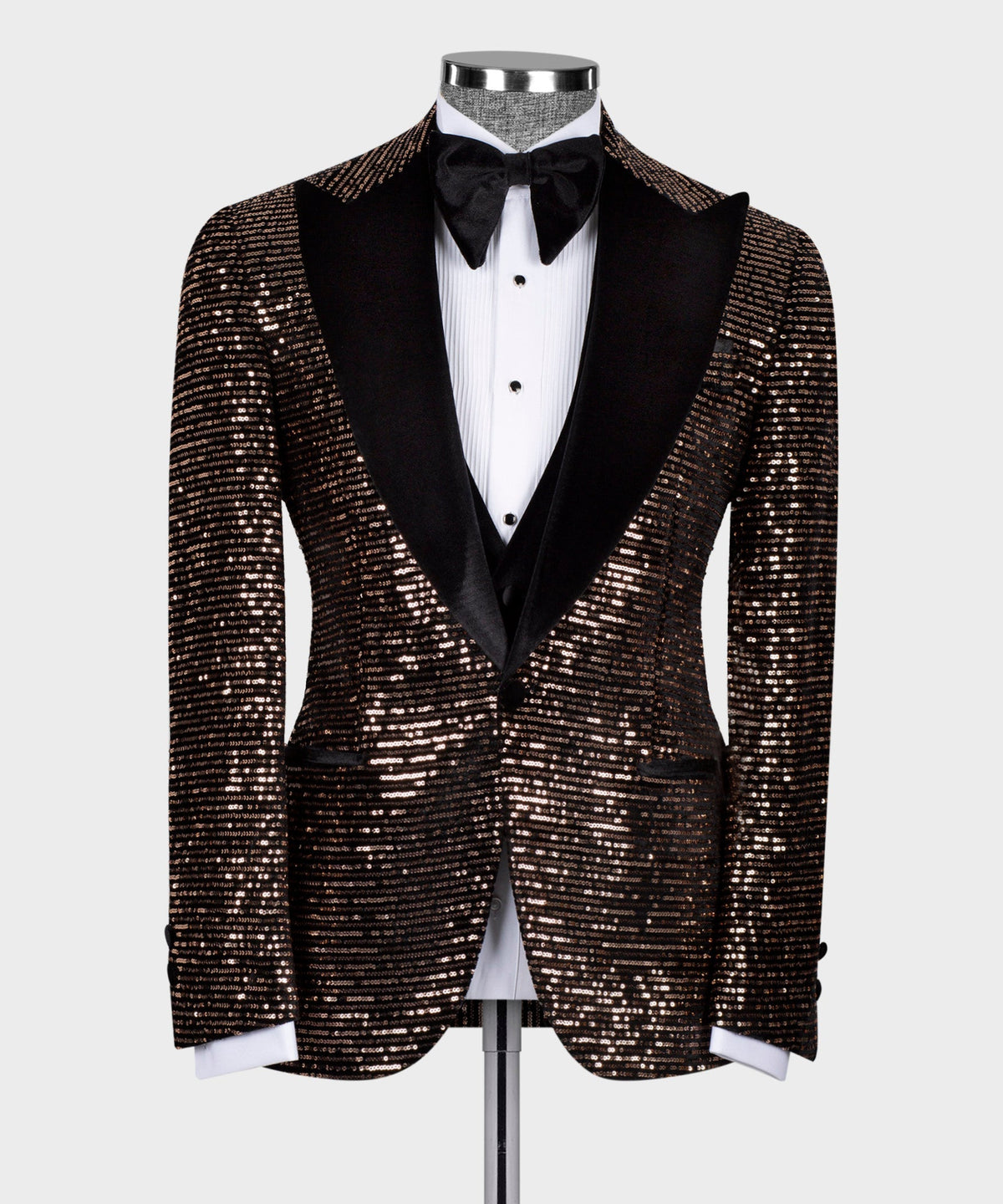 Velvet tuxedo jacket and vest set with copper-black sequin front panels, black bow tie