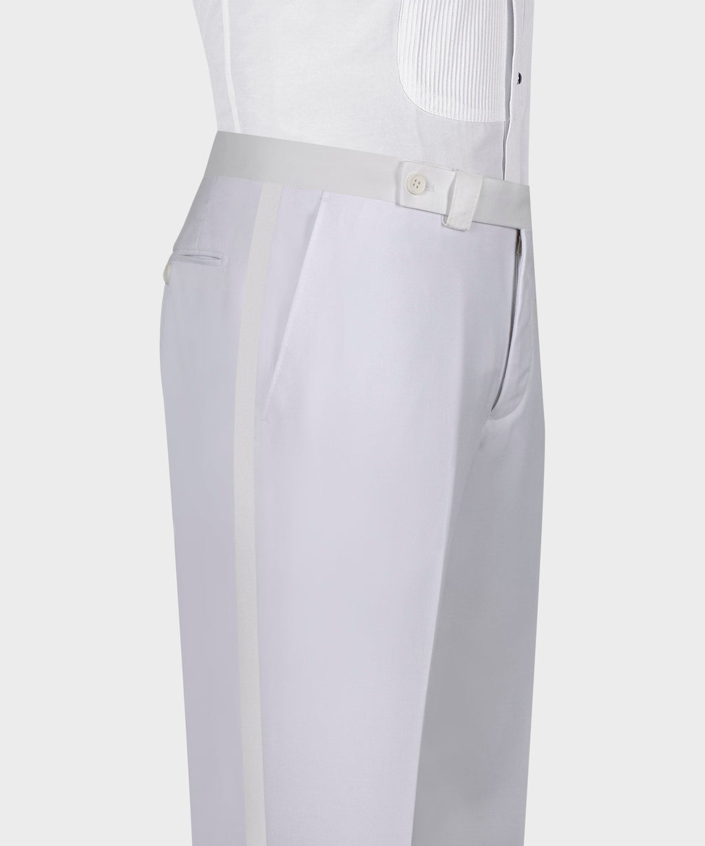 White tuxedo trousers with waist tab, belt loops, and front button detail