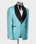 Light blue tuxedo jacket front view with black satin shawl collar and bow tie