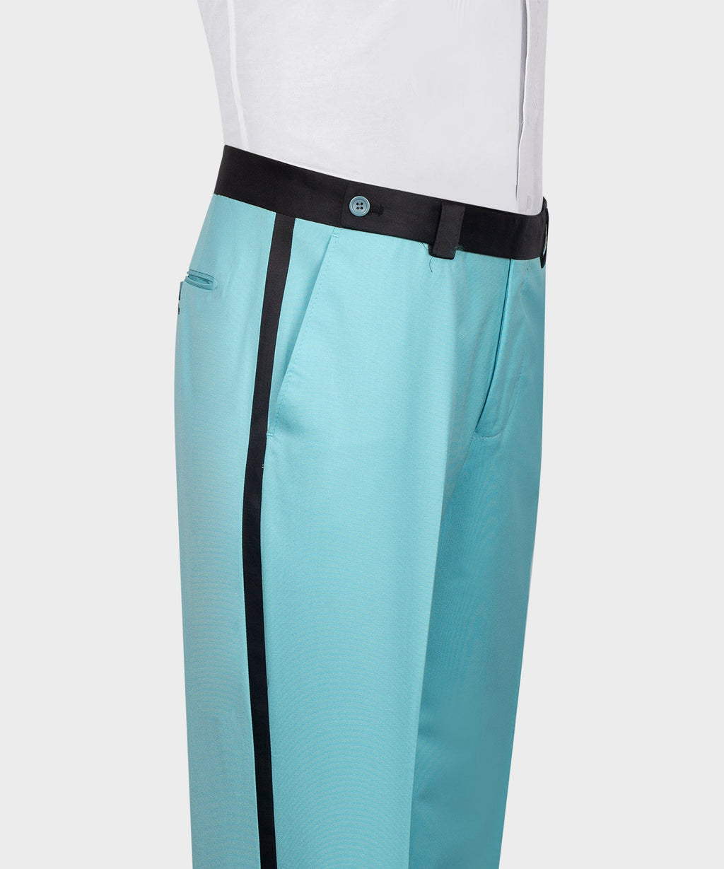 Light blue tuxedo trousers with black side stripe and black waistband