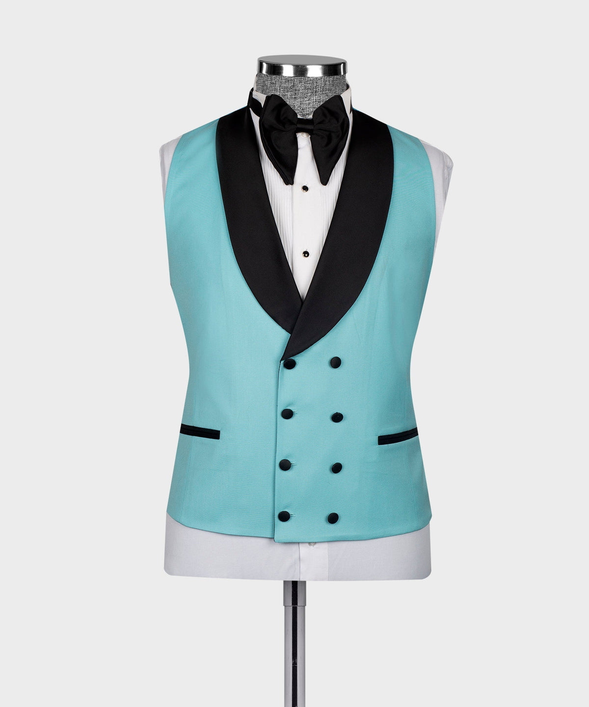 Light blue tuxedo waistcoat with black satin shawl collar and black bow tie
