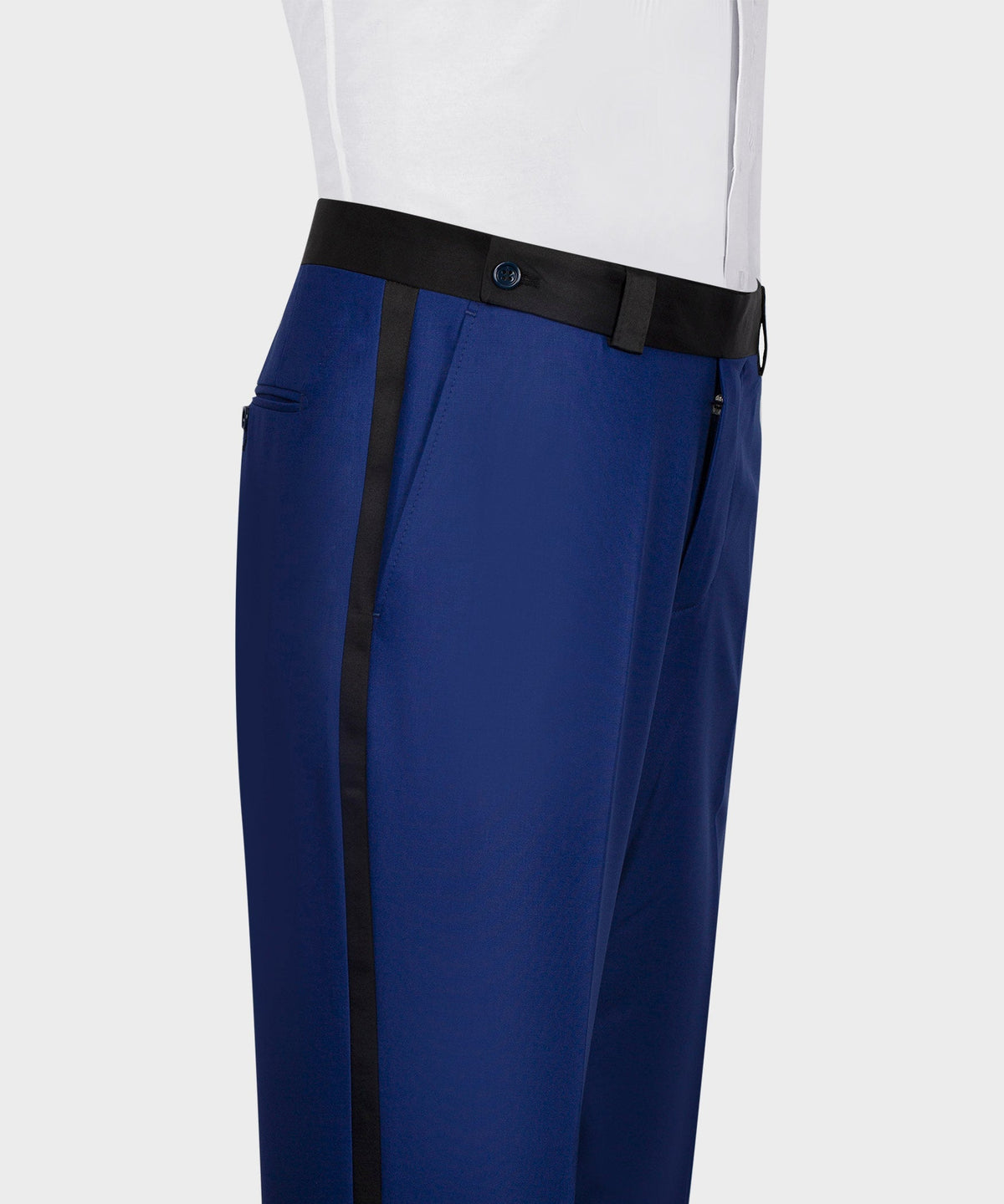 Blue formal trousers with black waistband and side tabs