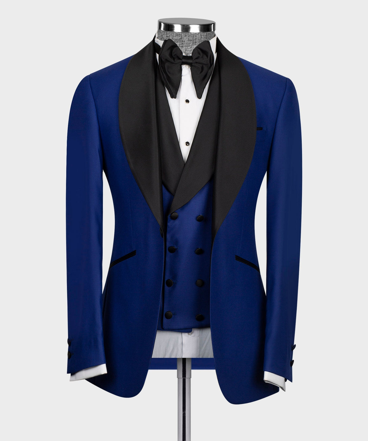 Blue tuxedo formal suit with black satin shawl lapel and bow tie