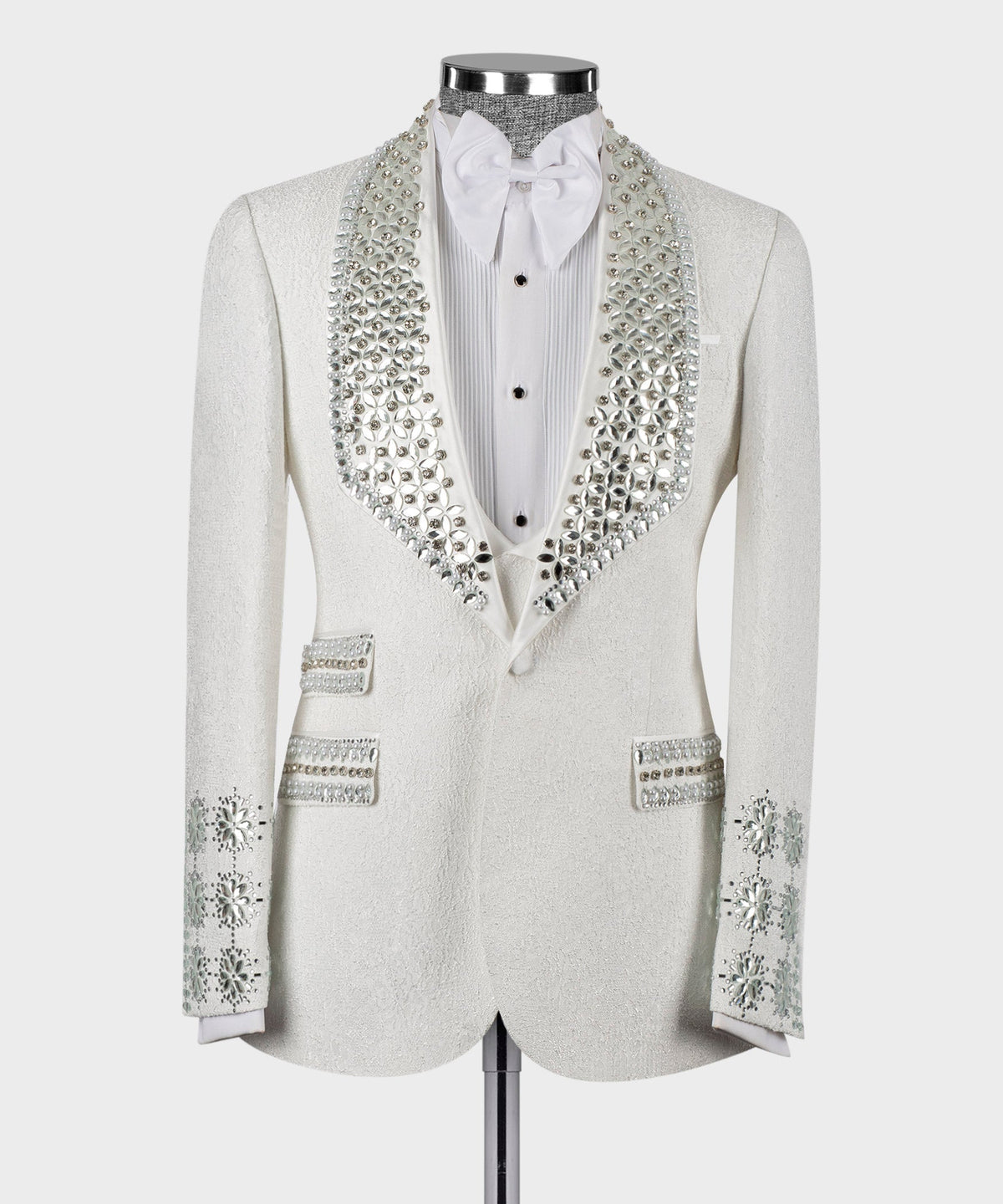 White silk-wool tuxedo jacket with jeweled crystal beaded lapels and white bow shirt