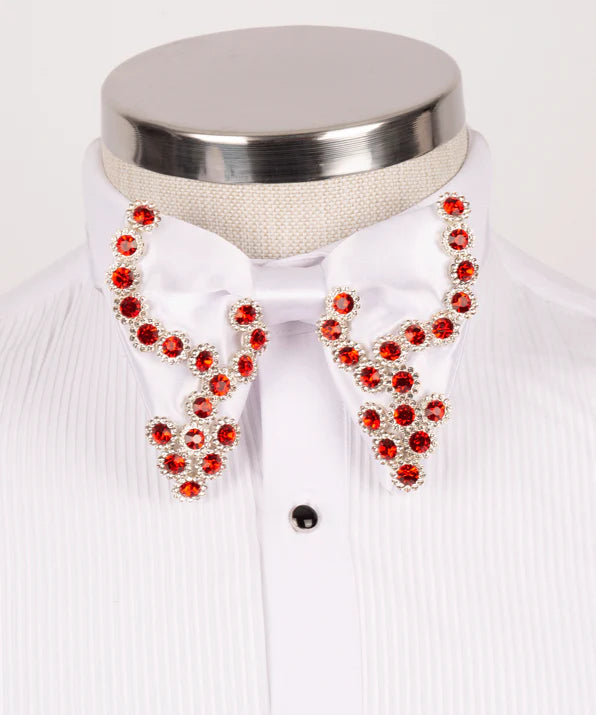 Koss Atelier white silk bow tie featuring intricate red crystal embellishments on a formal dress shirt.
