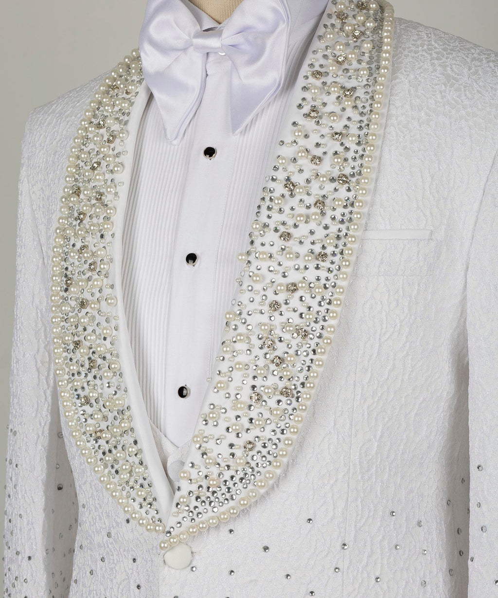 White tuxedo shirt placket and gold jeweled lapels with black button details