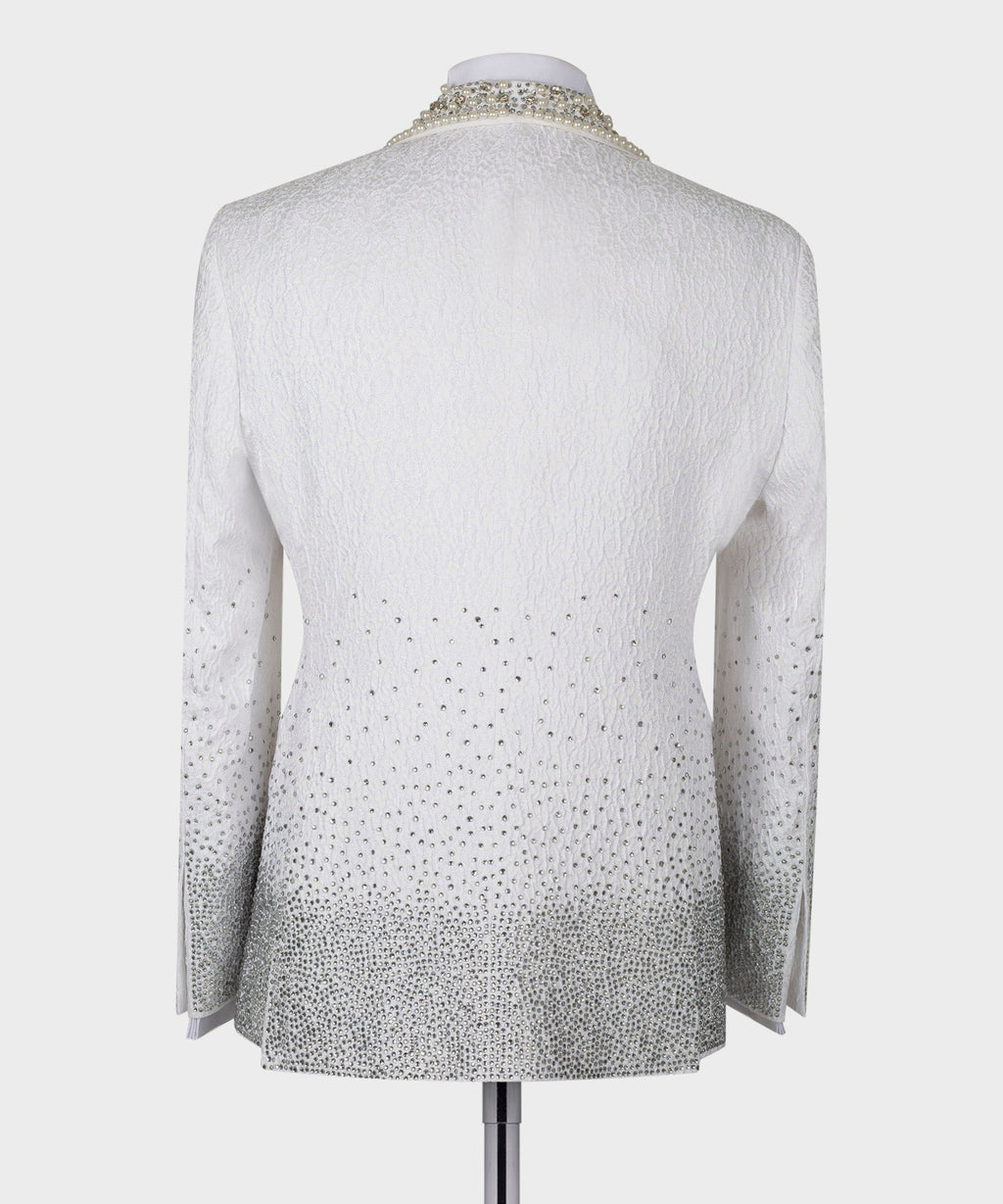 Back view white tuxedo jacket with gold-toned jeweled trim and dotted sparkle fabric