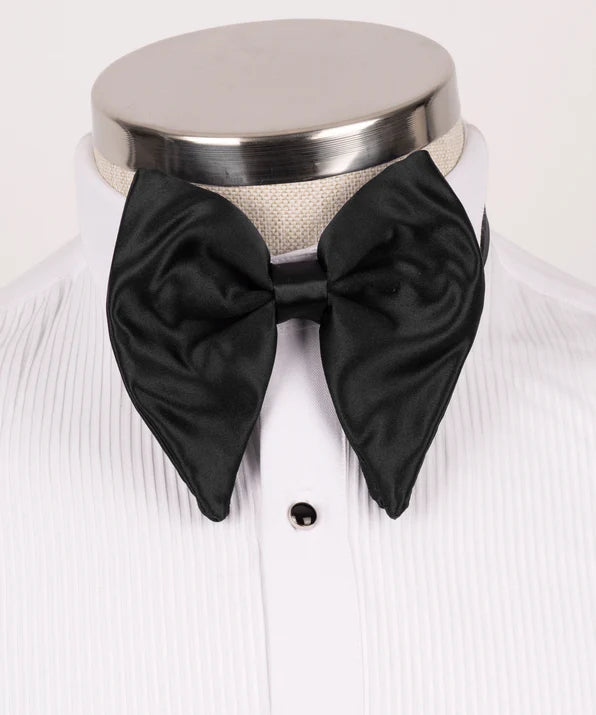 Koss Atelier black silk butterfly bow tie on a white pleated formal shirt.