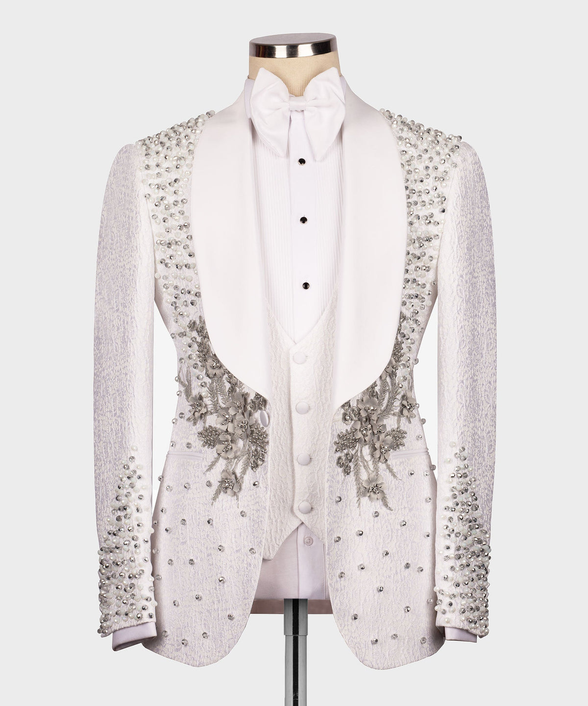 White jeweled floral tuxedo jacket with rhinestone-studded sleeves, bow tie and vest