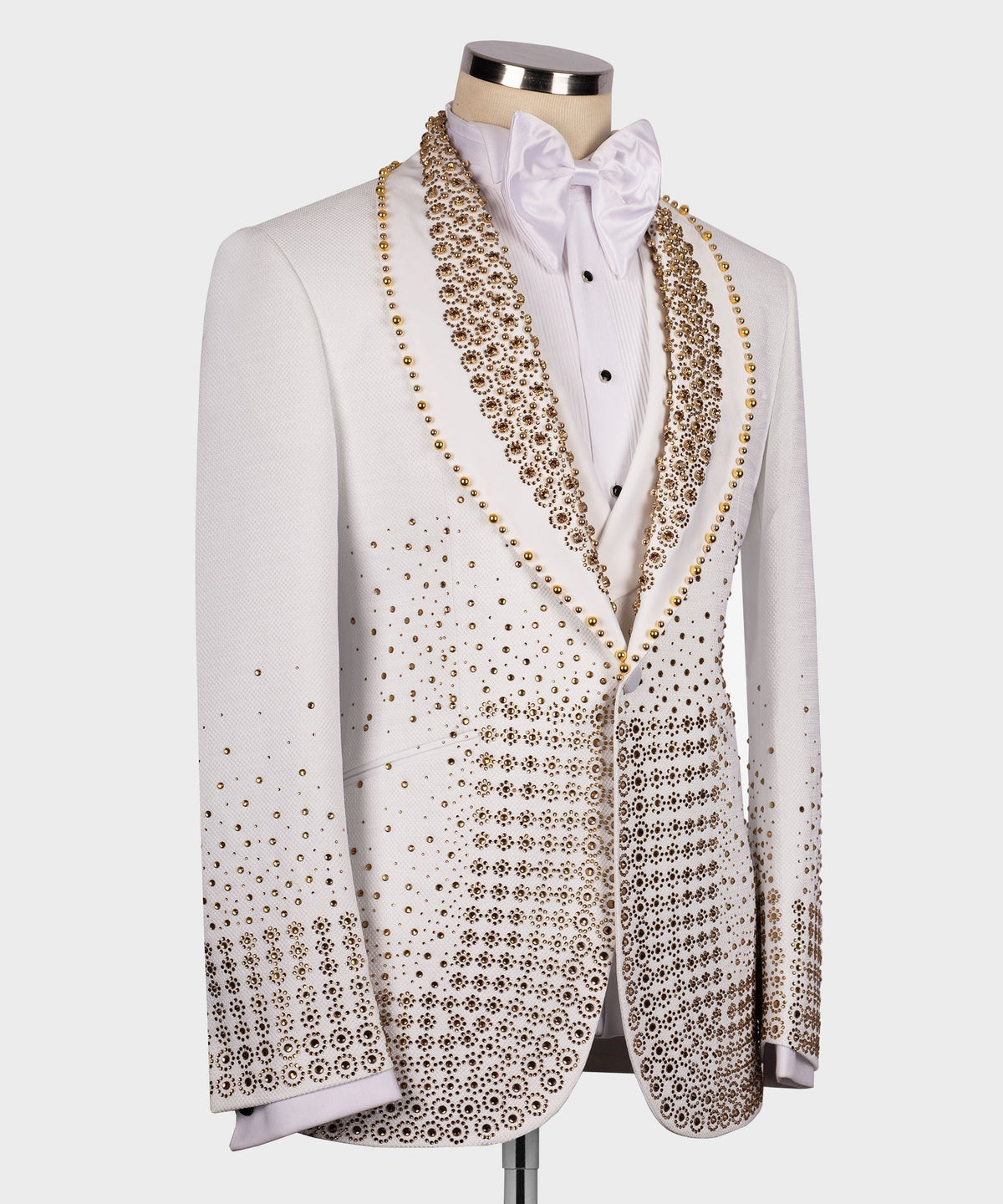 White tuxedo jacket with gold gem-stone lapel and scattered bead embellishments