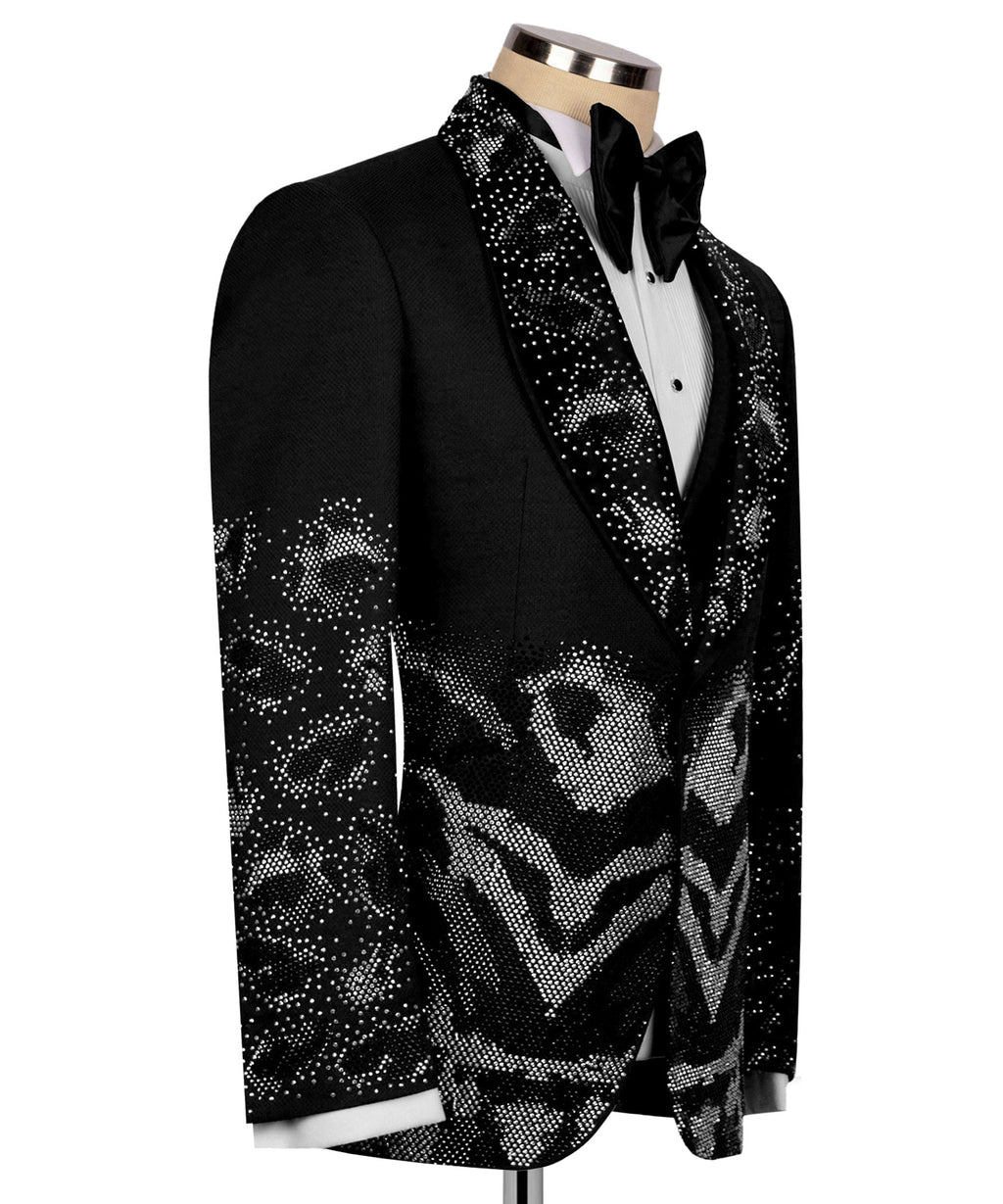 Side view of black tuxedo jacket with bold leopard sequin graphic