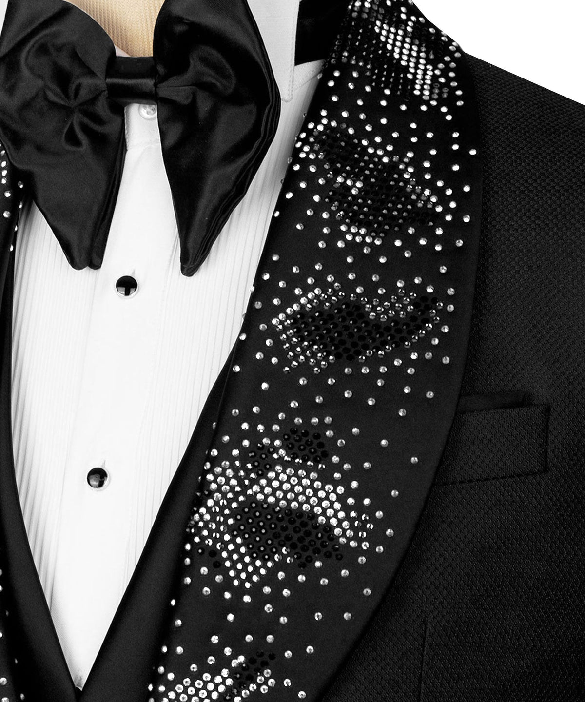 Close-up of tuxedo bow tie and leopard sequin lapel sparkle detail