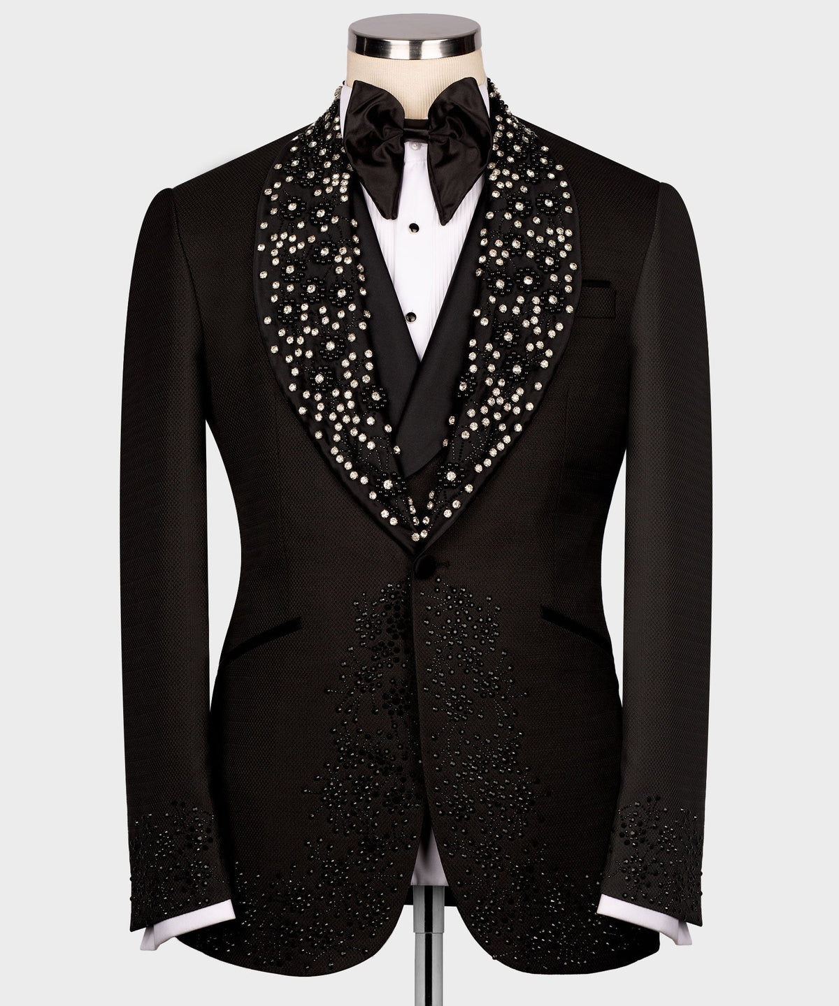 Black tuxedo jacket with rhinestone lapels and black satin bow tie