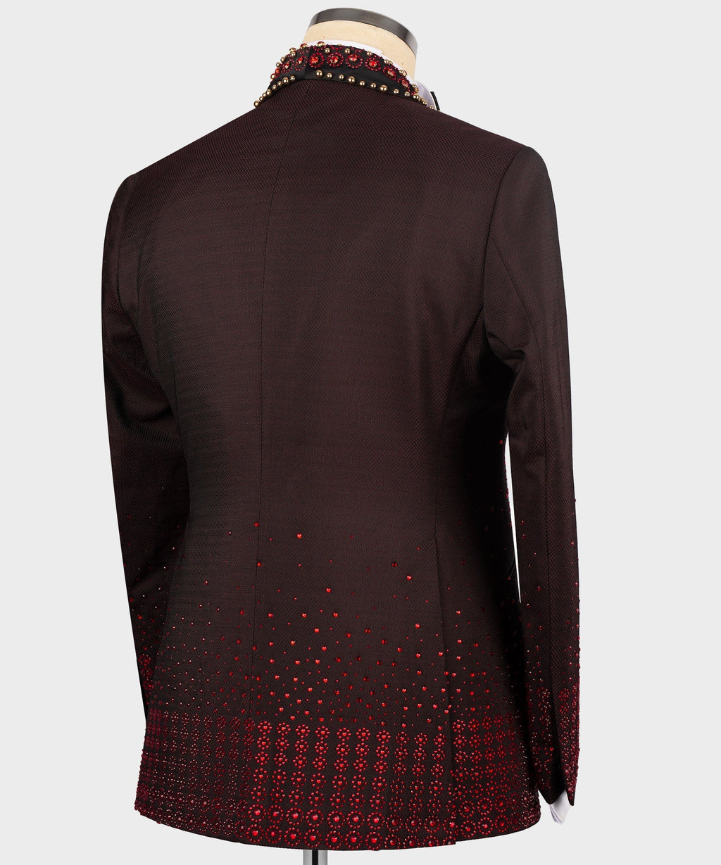 Back view burgundy tuxedo jacket with scattered red gem-like embellishments