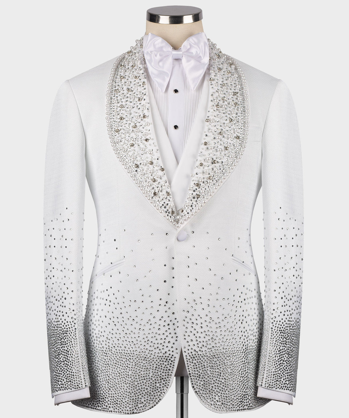 White tuxedo jacket with rhinestone gem-embellished lapels and satin bow tie