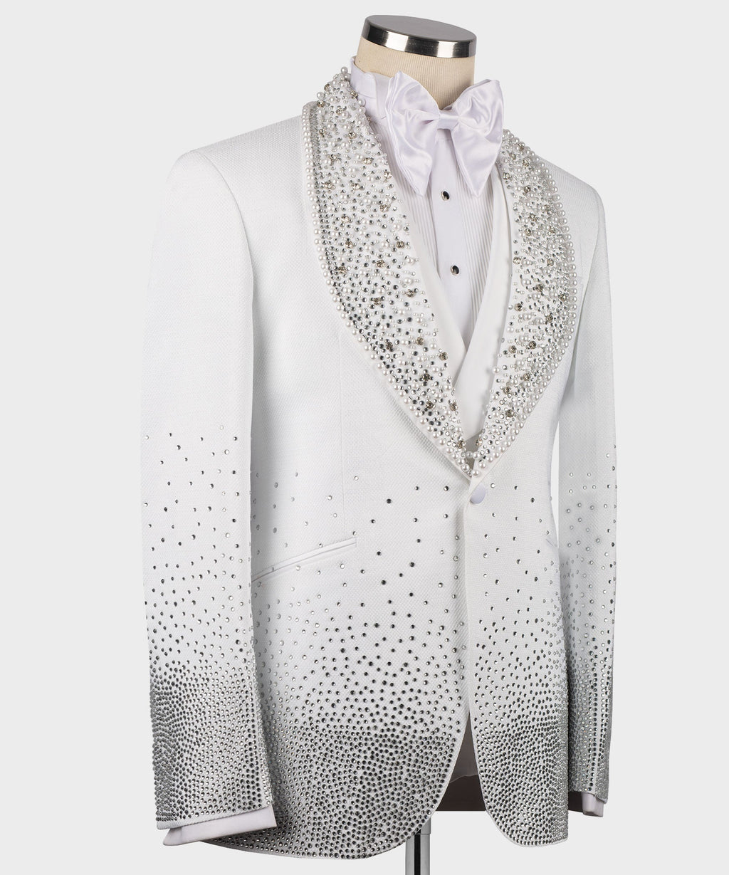 White tuxedo jacket close-up of jeweled lapel and satin bow tie