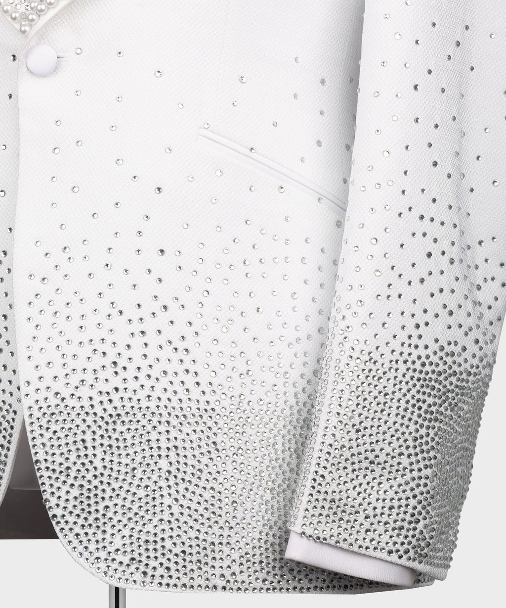 White tuxedo jacket hem and sleeves covered in rhinestone embellishment