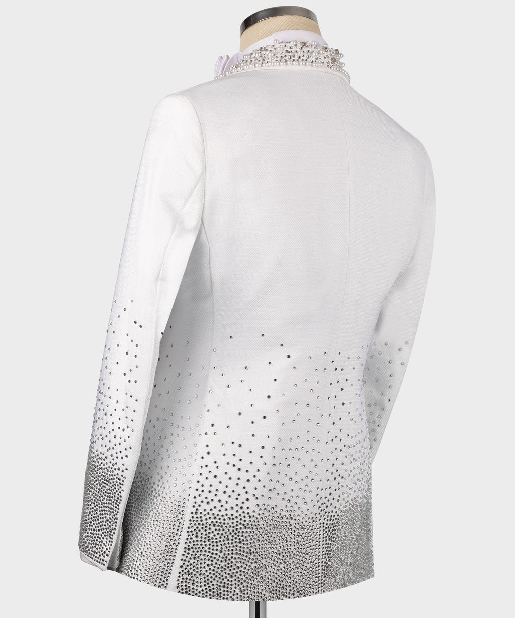White tuxedo jacket back with rhinestone-studded hem and sleeves