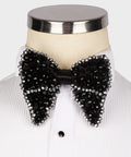 Koss Atelier black bow tie featuring black and silver crystal beadwork on a white tuxedo shirt.