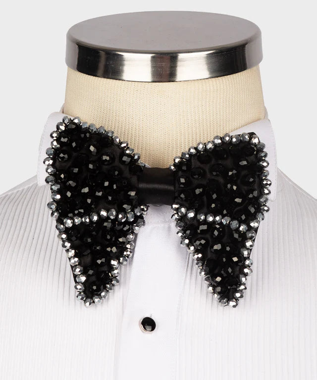 Koss Atelier black bow tie featuring black and silver crystal beadwork on a white tuxedo shirt.