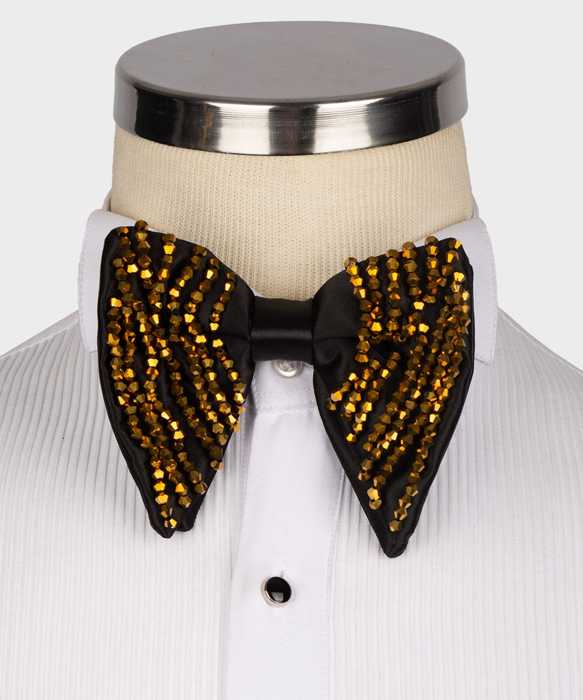 Beaded bow tie with black satin base and gold beaded pattern