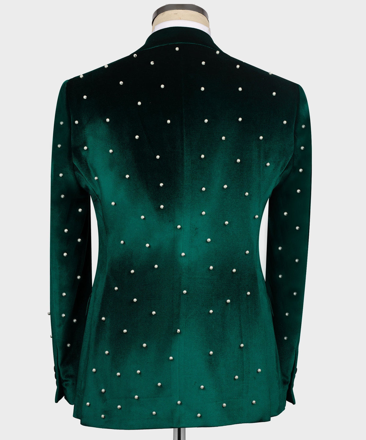 Back view of green velvet tuxedo jacket with pearl-like stud embellishment