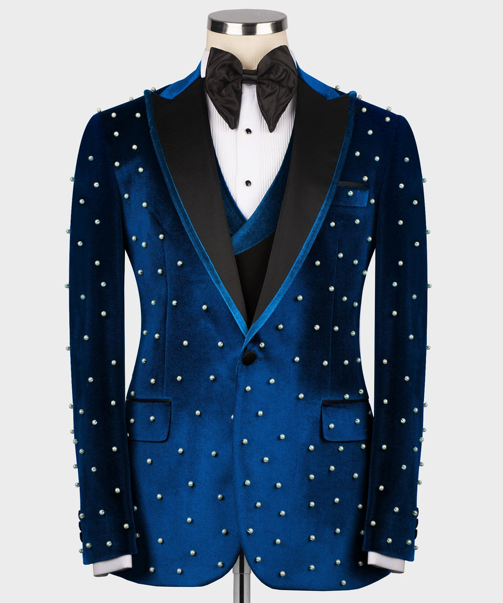 Blue velvet tuxedo jacket with pearl bead embellishments, black satin lapels and pockets