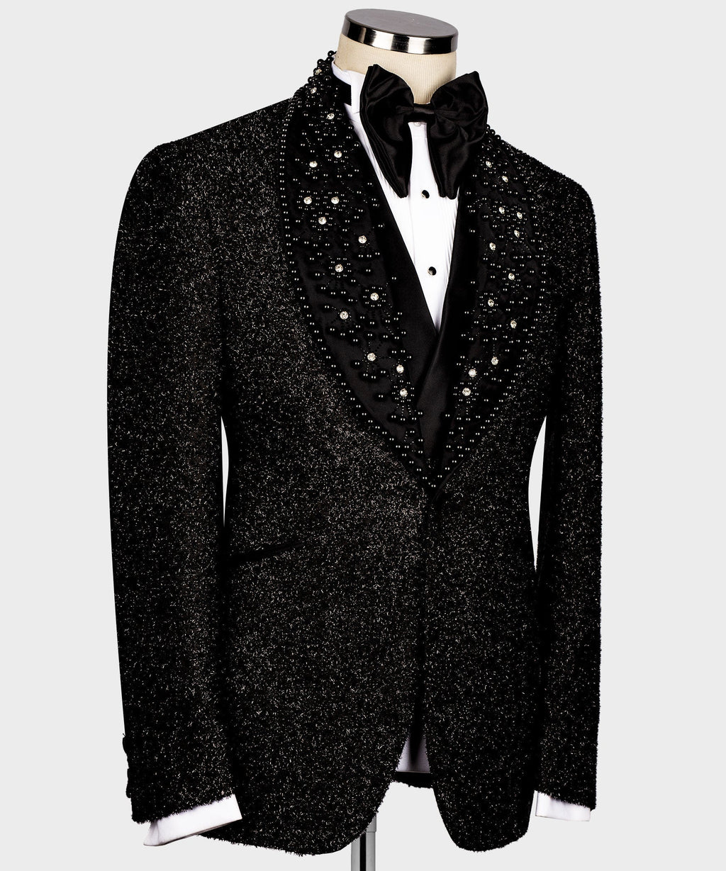 Black glitter tuxedo jacket, front view with jeweled buttons and bow tie