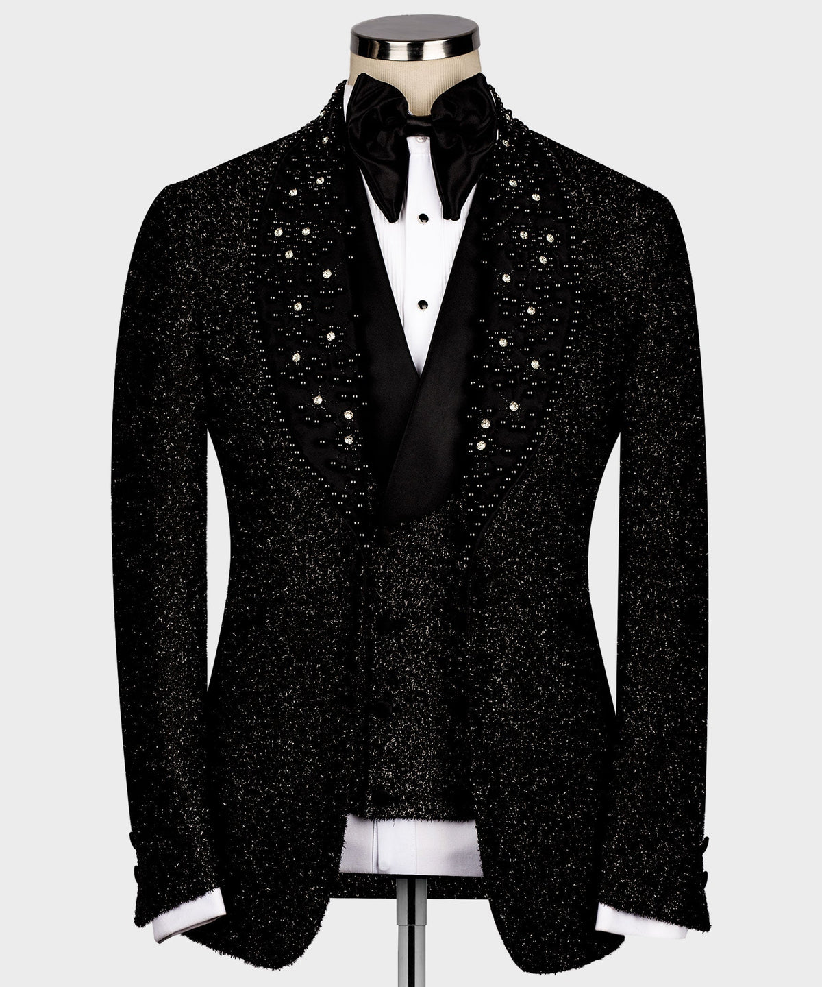 Black gemstone glitter tuxedo jacket with satin lapels and sparkle button detail