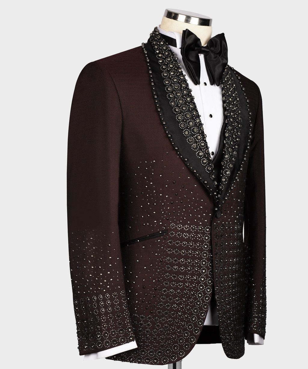 Burgundy tuxedo jacket, side view, gold sparkle detailing on lapels and front