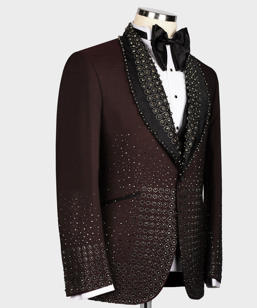 Burgundy tuxedo jacket, side view, gold sparkle detailing on lapels and front