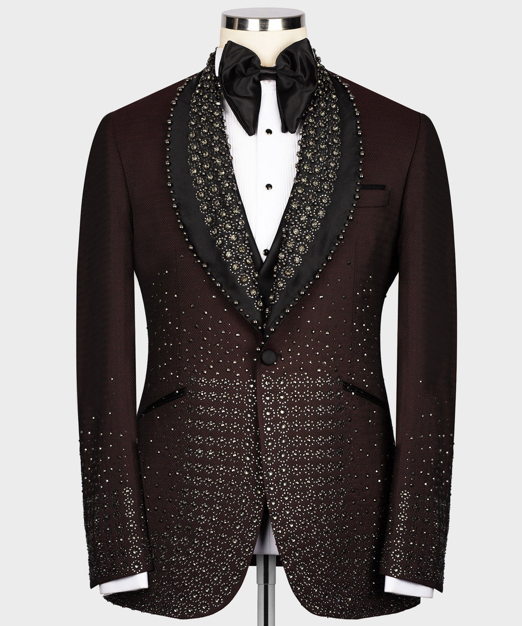 Burgundy tuxedo jacket with round lapels, jeweled black satin trim and black button front