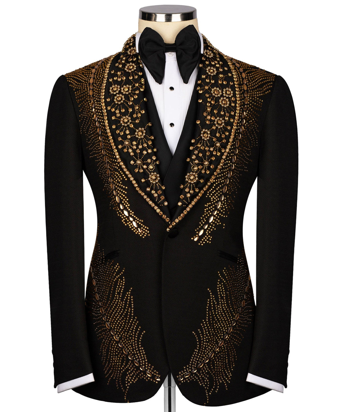 Black tuxedo jacket with gold stone embroidery, shawl lapel and black satin bow tie