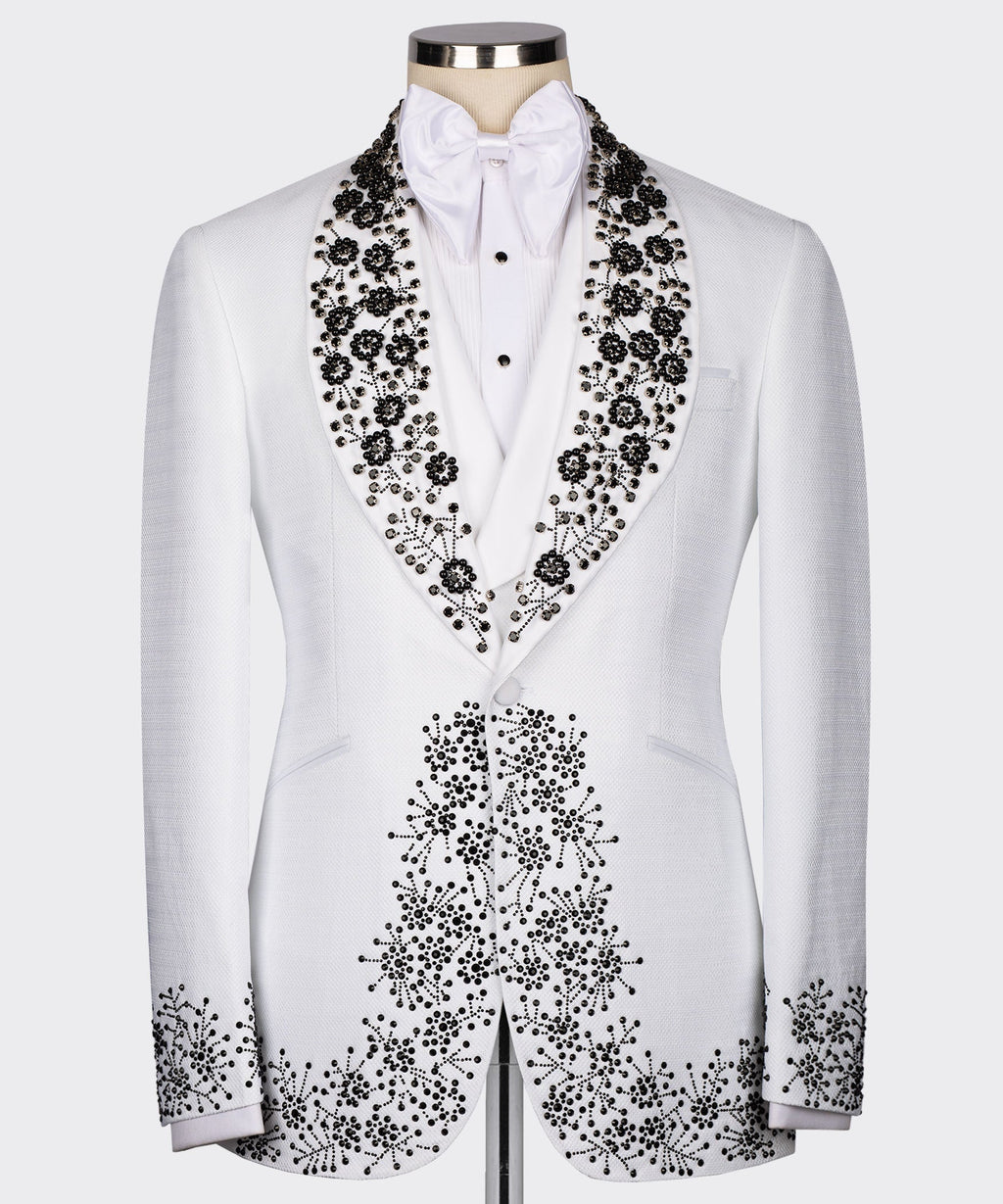 White tuxedo jacket with black gemstone-style embroidery on satin lapels and chest